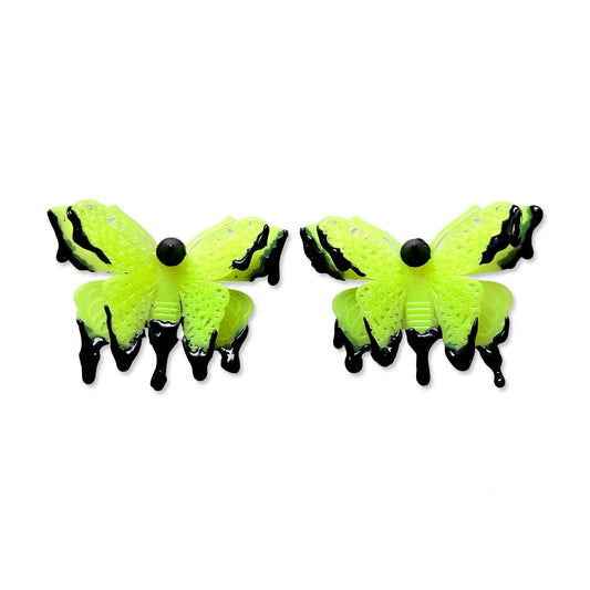 Drippy Goth Moths - Handmade Up-cycled Yellow Glow In The Dark Butterflies With Black Silicone Dripping Rave Earrings