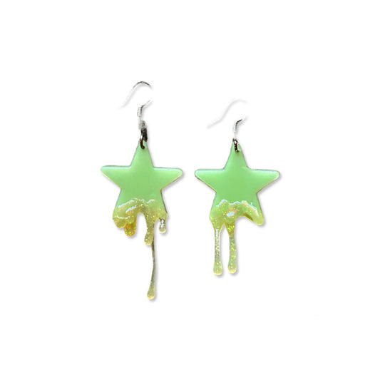 Drippy Dreams- Handmade Up-cycled Yellow Glow In The Dark Yellow Glittery Dripping Stars Festival Earrings