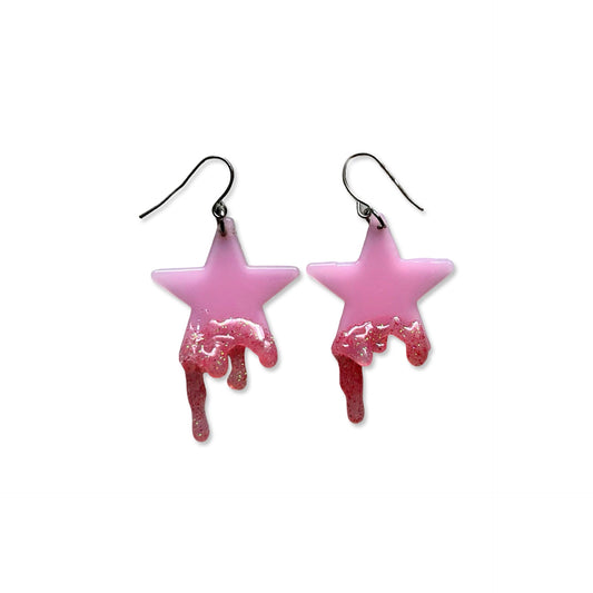 Drippy Fantasy- Handmade Up-cycled Pink Glow In The Dark Stars With Pink Glittery Silicone Dripping Earrings