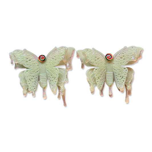 Trippy Drippy Moths - Handmade Up-cycled Yellow Glow In The Dark Dripping Butterflies Rave Earrings