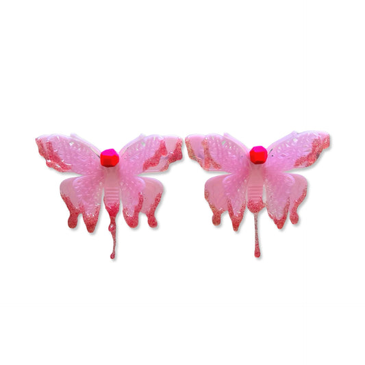 Drippy Rose Moths - Handmade Up-cycled Pink Glow In The Dark Dripping Butterflies Rave Earrings