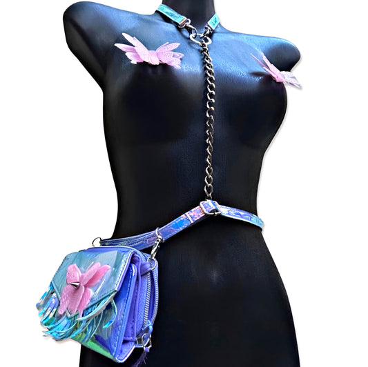 Disco Butterfly Body Chain - Iridescent Festival Utility Body Harness And Glow In The Dark Butterfly Zipper Purse Mirror Wallet