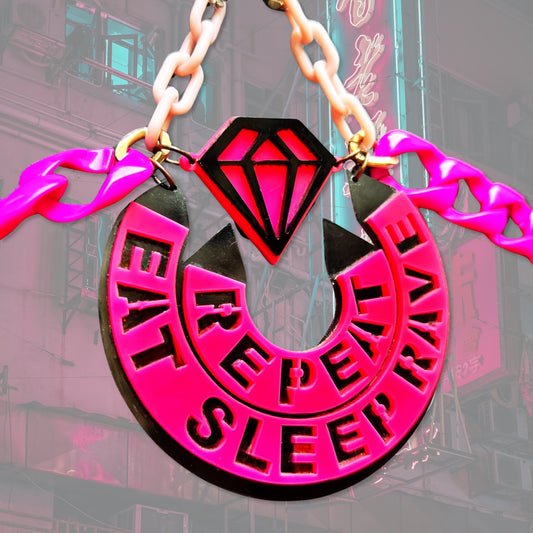 LED Cyber Choker - (PINK) LED Rave “Eat, Sleep, Rave, Repeat”Choker Necklace - Neon Festival Body Chain Jewellery Harness