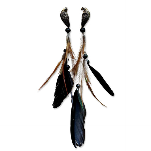 Pirate Birds Earrings - Silver Metal Parrots Birds Feathery Dangles, Fantasy Bird Earrings, Feather Earrings, Bohemian Earrings