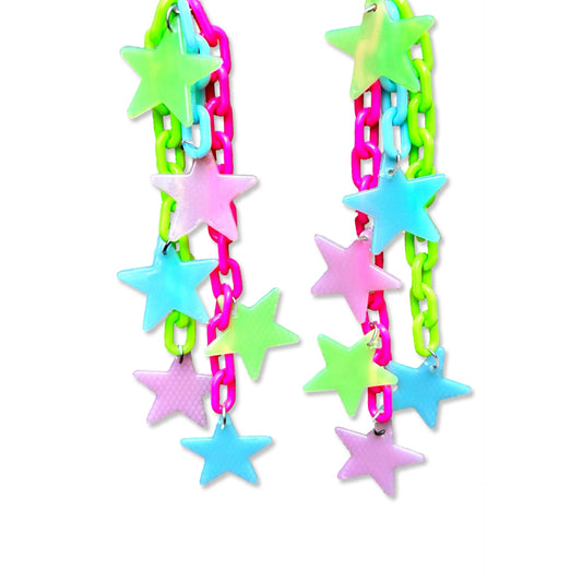 Ravin’ Shooting Stars - Handmade Up-cycled Glow In The Dark Stars And Fantasy Neon Green Pink Blue Chains Dangles Earrings