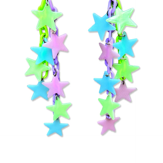 Glowing Shooting Stars - Handmade Up-cycled Glow In The Dark Stars And Fantasy Neon Green and Purple Chains Dangles Earrings