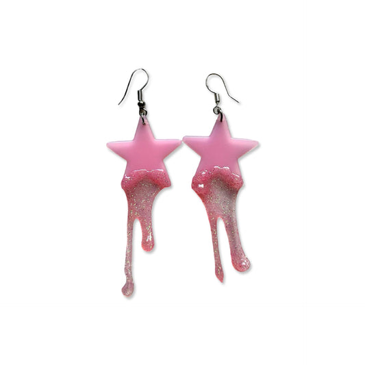 Dripping Slime- Handmade Up-cycled Pink Glow In The Dark Stars With Pink Glittery Silicone Dripping Earrings