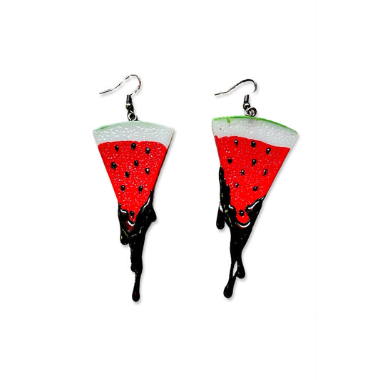 Drippy Watermelons - Handmade Hand-painted  Watermelon Slices with Black Silicone Dripping Futuristic Earrings