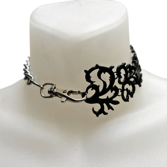 Half-Cursed - Chunky Silver Chain and vintage black fantasy gothic choker