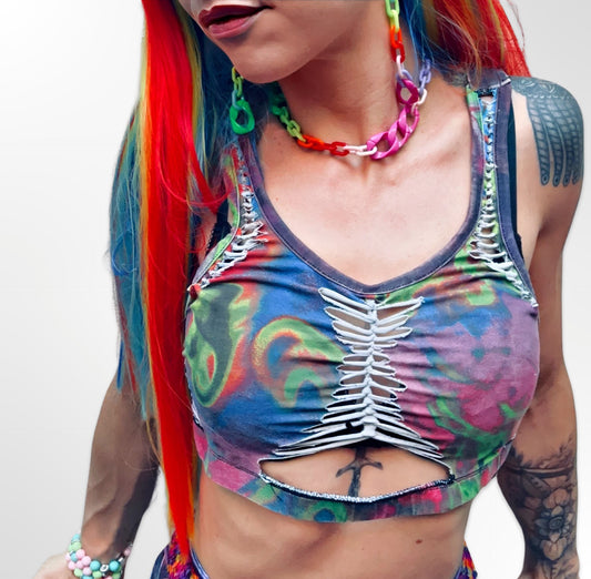 Trippy Rainbow - Cut Out Weaved Festival Rainbow Tie-Dye Crop Top