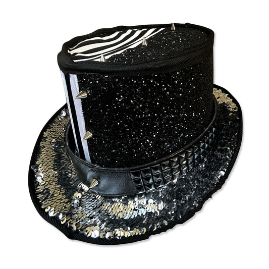 Beetlesque - Silver Sequin Black & White Stripes Burlesque Festival Circus Top Hat