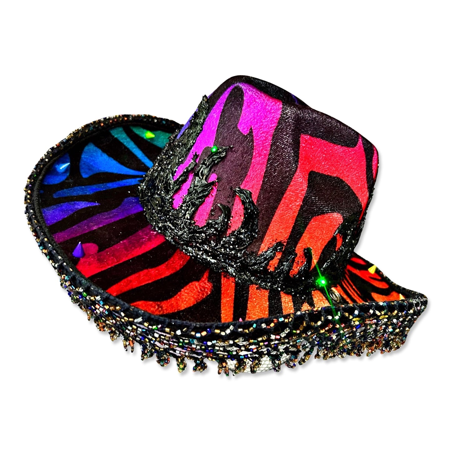 Rainbow Flame - Rainbow Velvet Zebra Print Sustainably Handmade Cowboy Hat