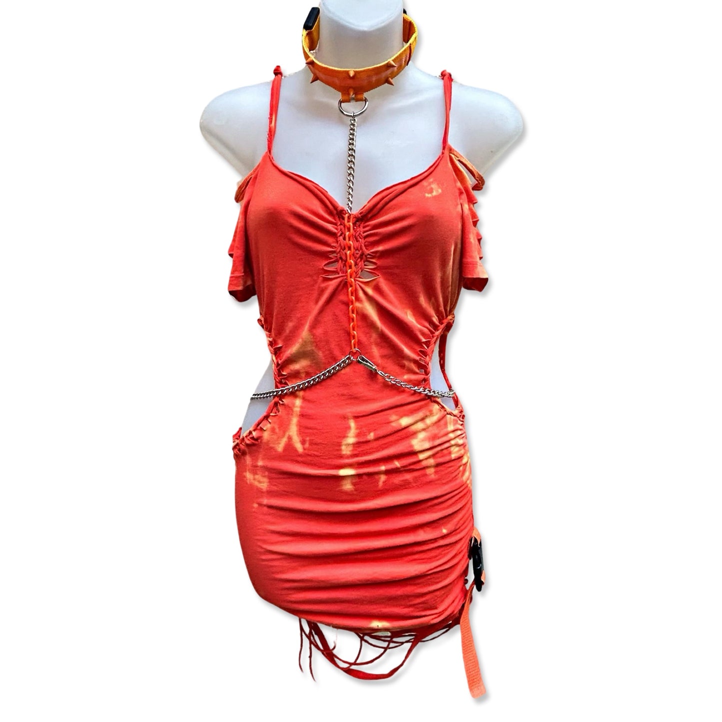 Cyber Fall - Orange Bleach Tie-Dye Distressed Dress