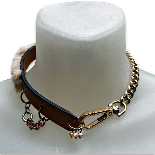 Chic D'Hiver - Brown Leatherette and Beige Faux Fur with Chunky Gold Chain Choker