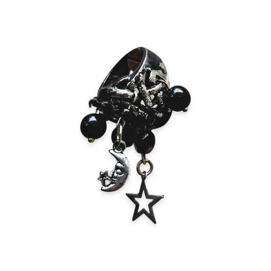 Dark Moon Shine - Gothic Charms Moon Star And Black Pearls Ring