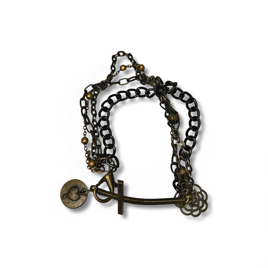 Layered Chains in black gold dark vintage with long bronze cross clasp vintage rose & heart bronze charms bracelet