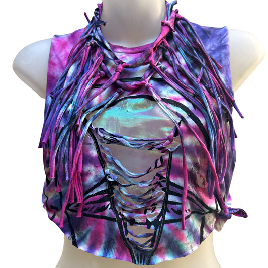 Purple Haze - Witchy Wasteland Post-Apocalyptic Pink and Purple Tie-Dye Crop Top & Matching Distressed Necklace Scarf